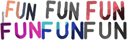 A retro risograph-style collage of the word fun repeated in bold halftone lettering with colorful mixed-media textures.