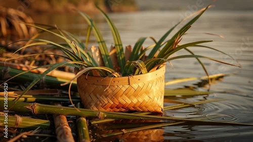 Woven Bamboo Basket Drifts Among Leaves in Chhath Puja River Ritual