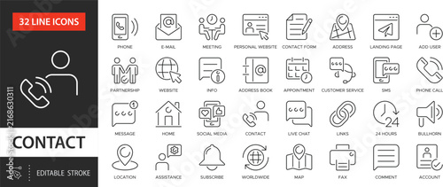 Contact us line icons collection. Assistance in the operation of services and websites. Phone, support, chat, address, customer service, call.
