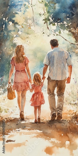 Watercolor painting of a family of four, parents and two daughters, walking handinhand
