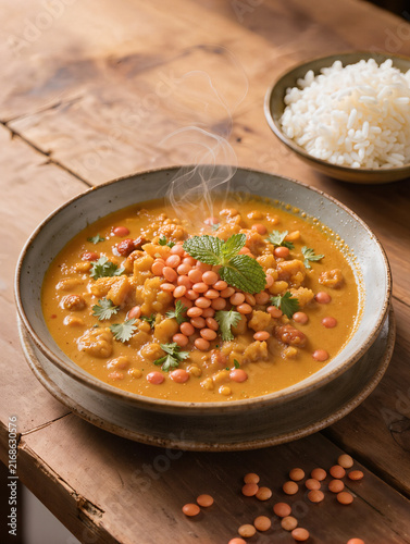 Lentil curry served in a bowl with rice on a wooden table  