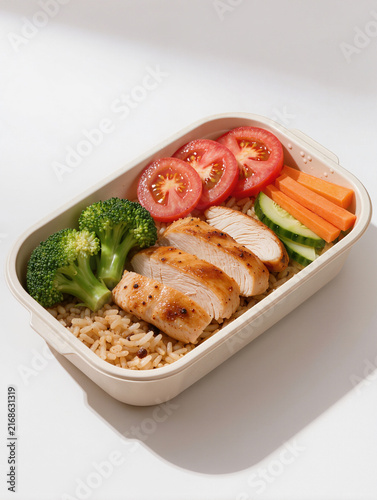 Grilled chicken with vegetables and rice in meal prep container  
