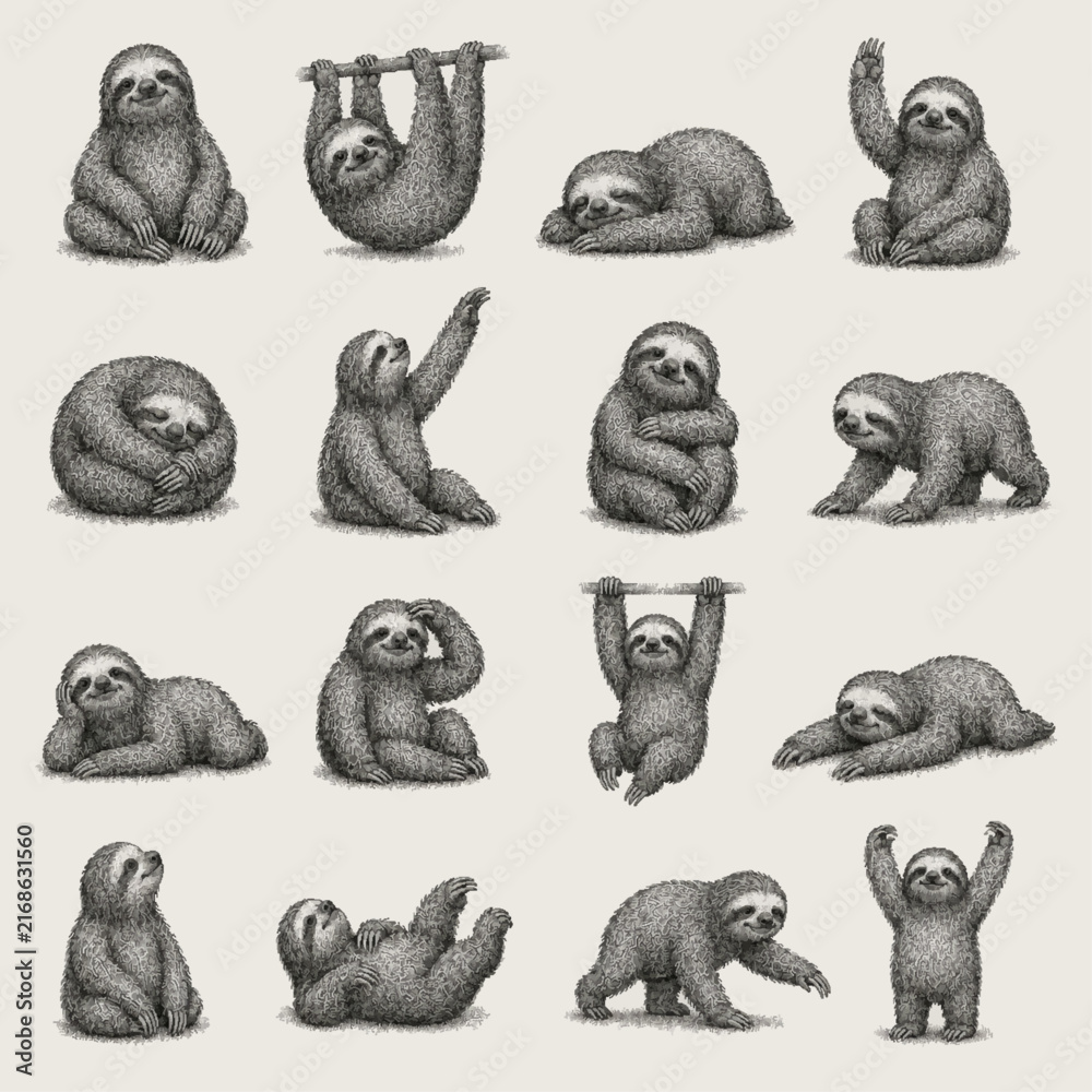 Naklejka premium Cute Sloth Pose Collection in Vintage Stipple Illustration Style
