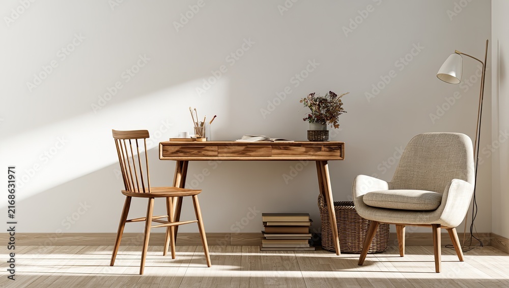 Fototapeta premium Cozy sunlit corner with wooden desk, chairs, and lamp