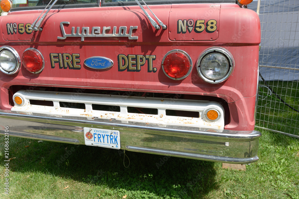 Obraz premium front of the FRY-R-Truck, a retired heavy-duty fire truck, now a mobile food wagon, near Bell Soundstage at the Bandshell, Exhibition Place, Toronto (22 August 2026)