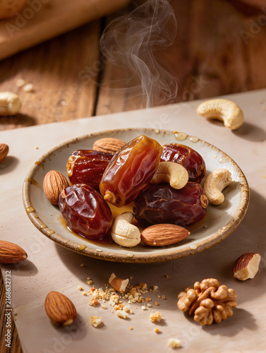 Plate of dates and nuts with steam on a wooden table  