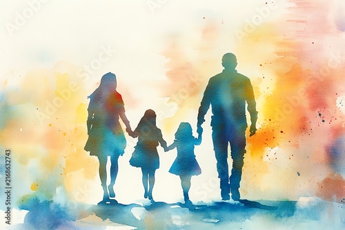 Watercolor painting of a family of four, parents and two daughters, walking handinhand