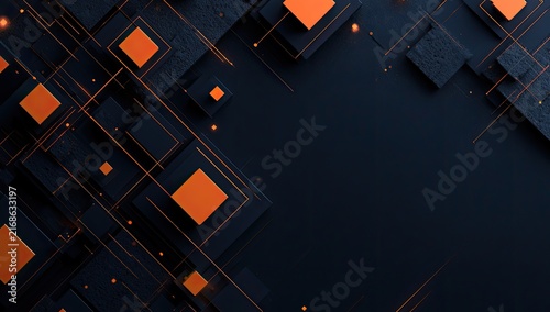 Abstract dark background with geometric shapes and glowing orange lines