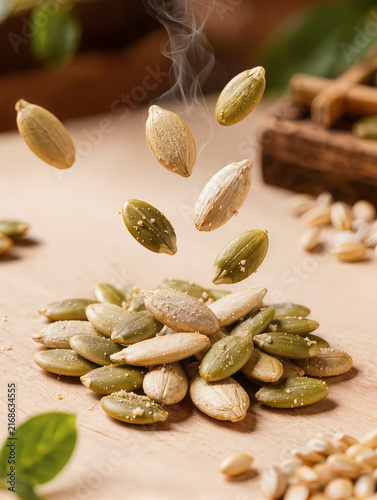 Pumpkin and sunflower seeds sprinkled on wooden surface  