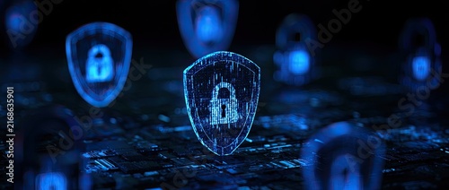Glowing blue digital shields with locks, on a dark circuit board background