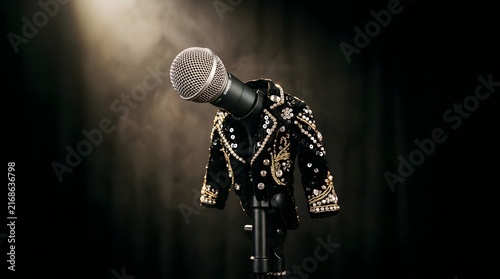 Stage microphone with embellished jacket illuminated by spotlight