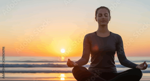 Woman practicing yoga meditation on the beach at sunset.