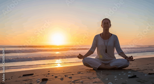 Woman practicing yoga on beach at golden sunset.