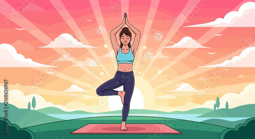 Woman practicing yoga tree pose at sunrise in nature.