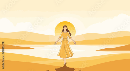 Woman standing in desert landscape with large golden sun.