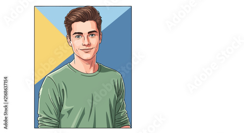 Young man cartoon portrait with geometric background.