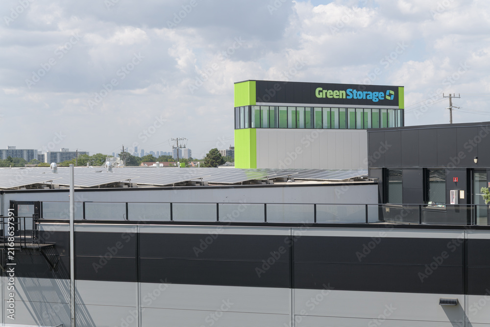 Naklejka premium wide, distant view of Green Storage Scarborough Toronto, a self-storage facility, located at 376 Birchmount Rd, Toronto