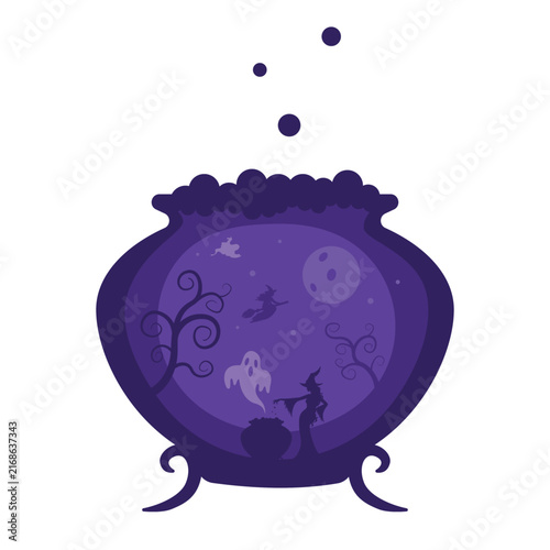 Purple Magic Cauldron with Witch, Ghost and Moon, Flat Halloween Vector Illustration for Stickers, Crafts, Invitations and Mystical Designs