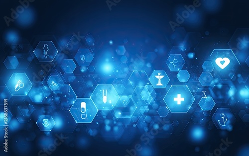 Digital blue hexagonal grid with medical icons and bokeh lights