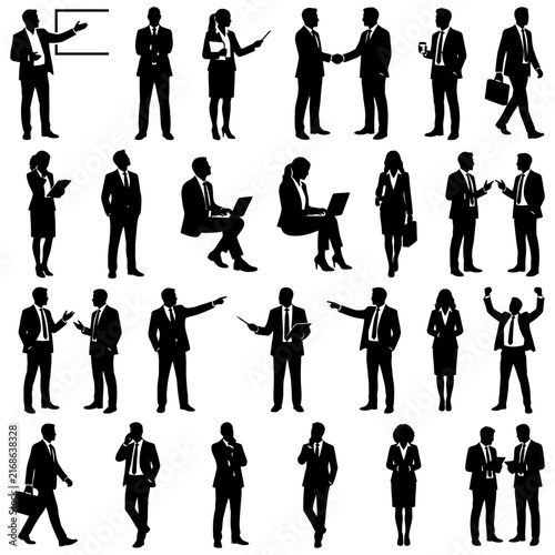 diverse group of business professionals in silhouette actively engaging in various work activities