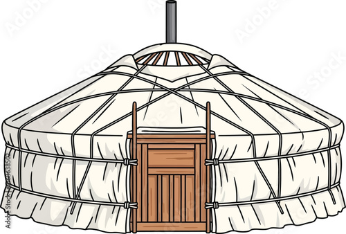 Traditional wooden gazebo with intricate lattice design and door.