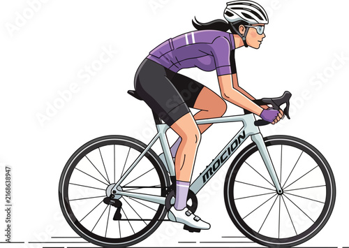 Woman in purple shirt riding a bicycle with a basket.