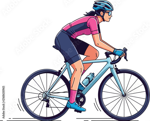 Woman in pink shirt riding a blue bicycle outdoors.