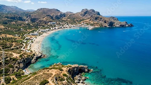Scenic Aerial View of a Coastal Bay with Clear Blue Waters and Mountain Background