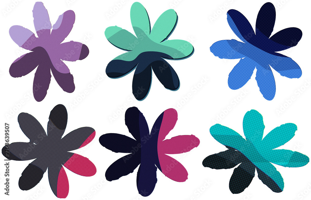 Fototapeta premium A retro risograph-style set of colorful clover flowers with halftone textures and layered cutout petals.
