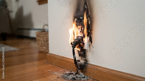 Electrical outlet on fire with smoke and sparks, showing a dangerous short circuit and fire hazard in a residential home interior setting