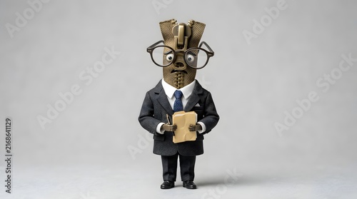 Whimsical claymation figure in suit holding bread for concept art