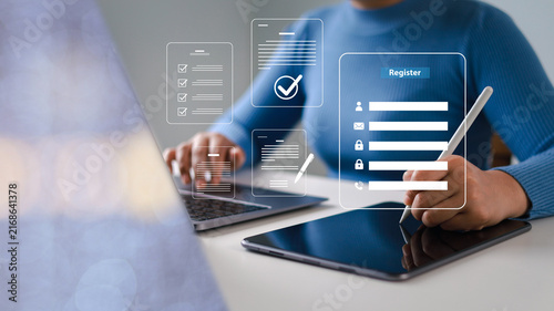 Cuadro en lienzo Completing online surveys; registering via the online registration form; registering as a new user; filling out the application form with personal information to create an account on the website