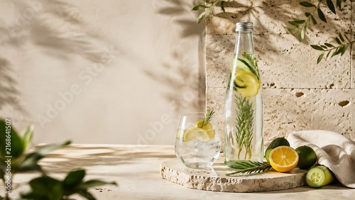 Premium natural beverage bottle and refreshing drink presentation on travertine pedestal with fresh ingredients, luxury hydration branding concept for FMCG advertising and lifestyle marketing