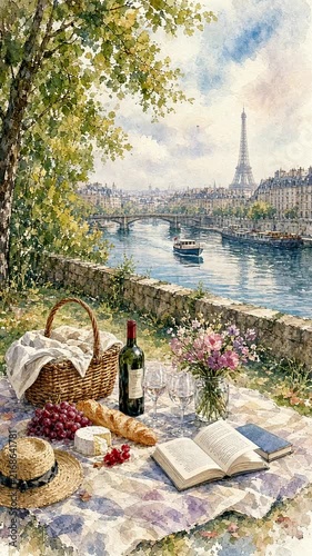 Romantic Paris Picnic by Seine with Eiffel Tower View