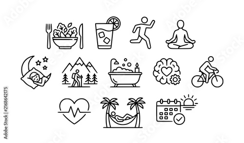 Healthy lifestyle vector thin line icon collection for fitness nutrition mindfulness sleep and wellness