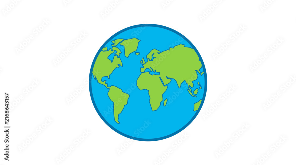 Obraz premium Flat design globe icon featuring vibrant green continents and blue oceans in a simple graphic style