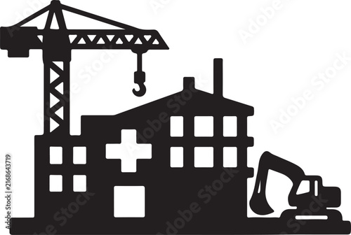 Construction Site Silhouette Vector Illustration with Cranes, Buildings, Workers and Heavy Machinery