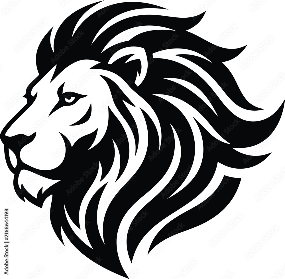 Obraz premium Detailed black and white illustration of a majestic lion head with a beautifully textured mane and an intense focused expression