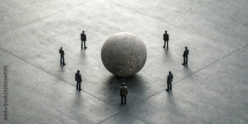 Business Team Standing Around a Large Sphere on Concrete Floor – Leadership, Strategy and Teamwork Concept