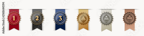 Premium gold silver and bronze winner badges with elegant ribbons and numbers 1 2 3.