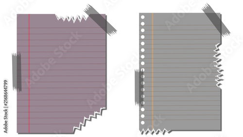 Torn Lined Paper Vector Set with Adhesive Tape, Violet and Grey Looseleaf Notebook Sheets with Jagged Edges