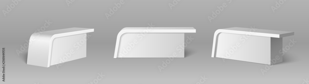 Obraz premium 3d realistic white counters, modern trade show booth isolated on background. Vector illustration of exhibition display tables with blank space for branding, promo event stand designs, reception stall
