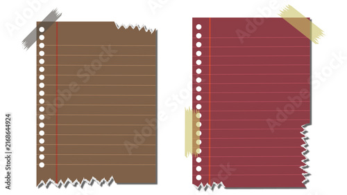 Torn lined paper vector set with adhesive tape, brown and maroon notebook sheets with ripped edges