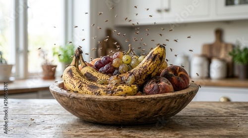 Fruit flies swarming rotten bananas and grapes in a kitchen fruit bowl, causing an indoor infestation and pest problem