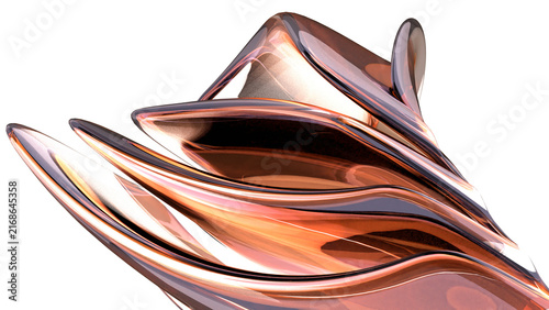 Abstract 3D Render of Fluid Copper Glass Sculpture Isolated on White Background