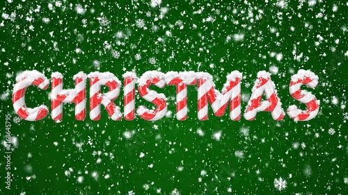 Christmas Text Candy Cane Pattern Animation with Falling Snowflakes Background for Winter Holiday Season Graphics