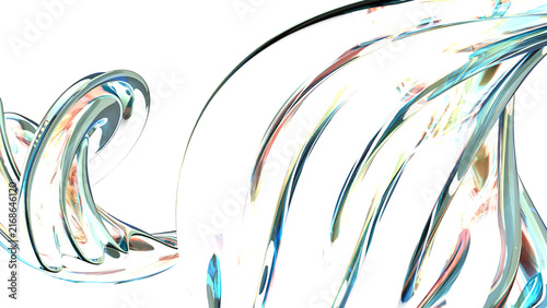 Abstract Fluid Iridescent Wave with Glossy Liquid Swirls and Futuristic Silver Crystal Elements on a White Background