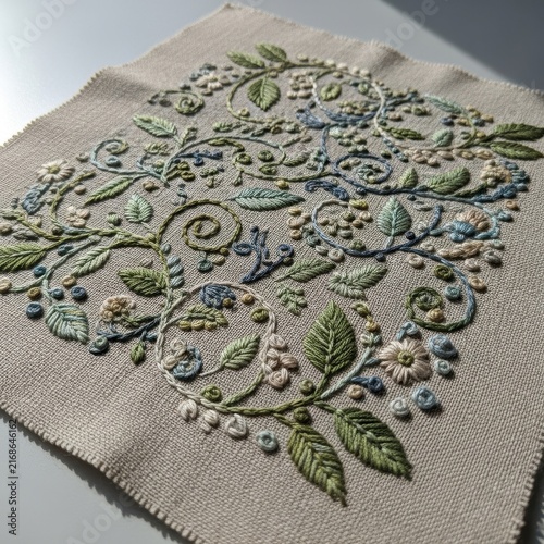 Delicate floral embroidery on linen fabric showcasing detailed botanical stitching and handcrafted artistry