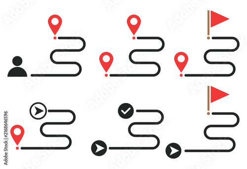 Journey roadmap and navigation path vector icon set featuring route markers and flags