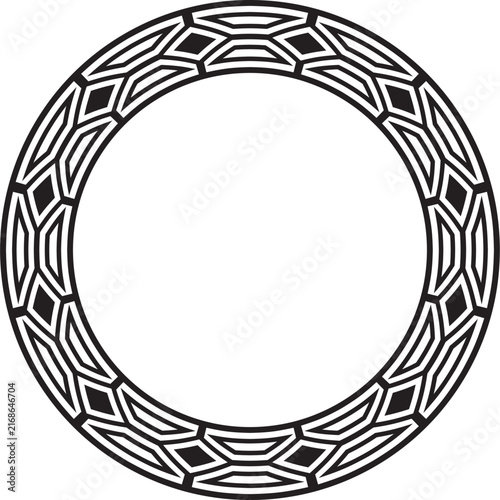 A round, monochrome black vector ethnic ornament in a Latin American style. An abstract Brazilian inspired circle design a ring or frame featuring crisp geometric lines and symmetrical pattern.